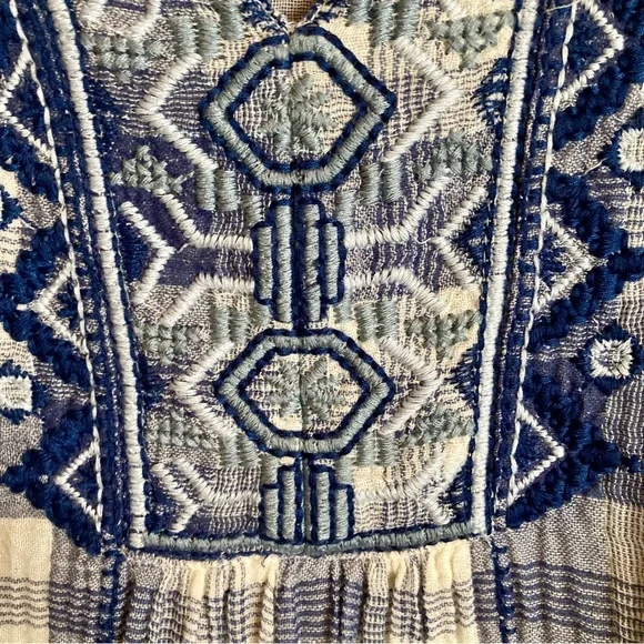 Johnny Was Simonee Flare Sleeve Blouse Plaid Geometric Embroidery Blue Size XS